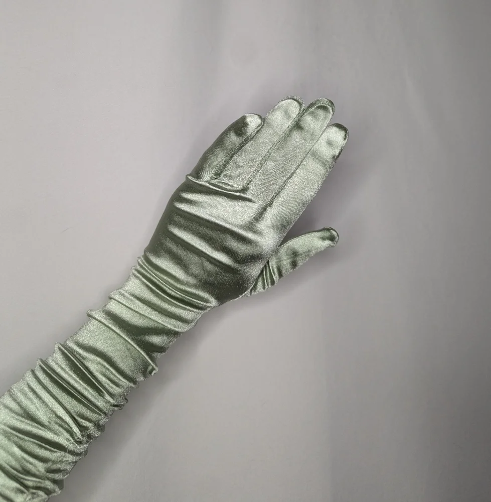 New Womens Sage Green Satin Semi Shiny Evening Bridesmaid Gloves One Size